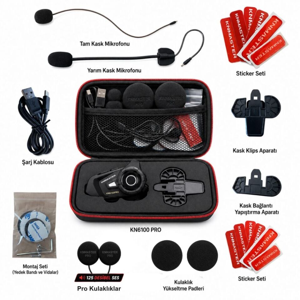 KN Master KN6100 PRO Motosiklet Kask İnterkom Bluetooth Kulaklık Seti Karbon Siyah